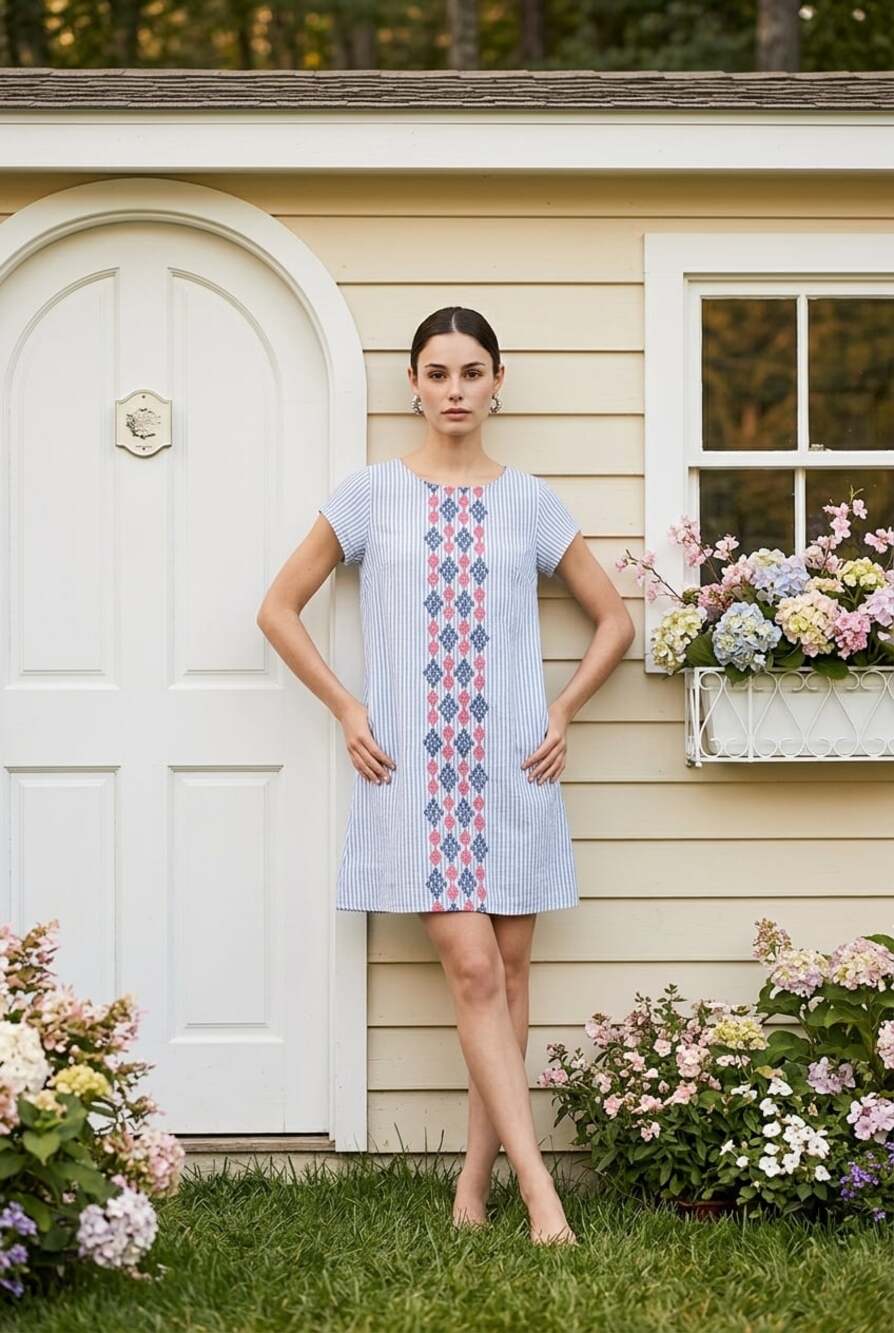 Pomegranate Size S Blue and White Striped Linen Embroidered Shift Dress
